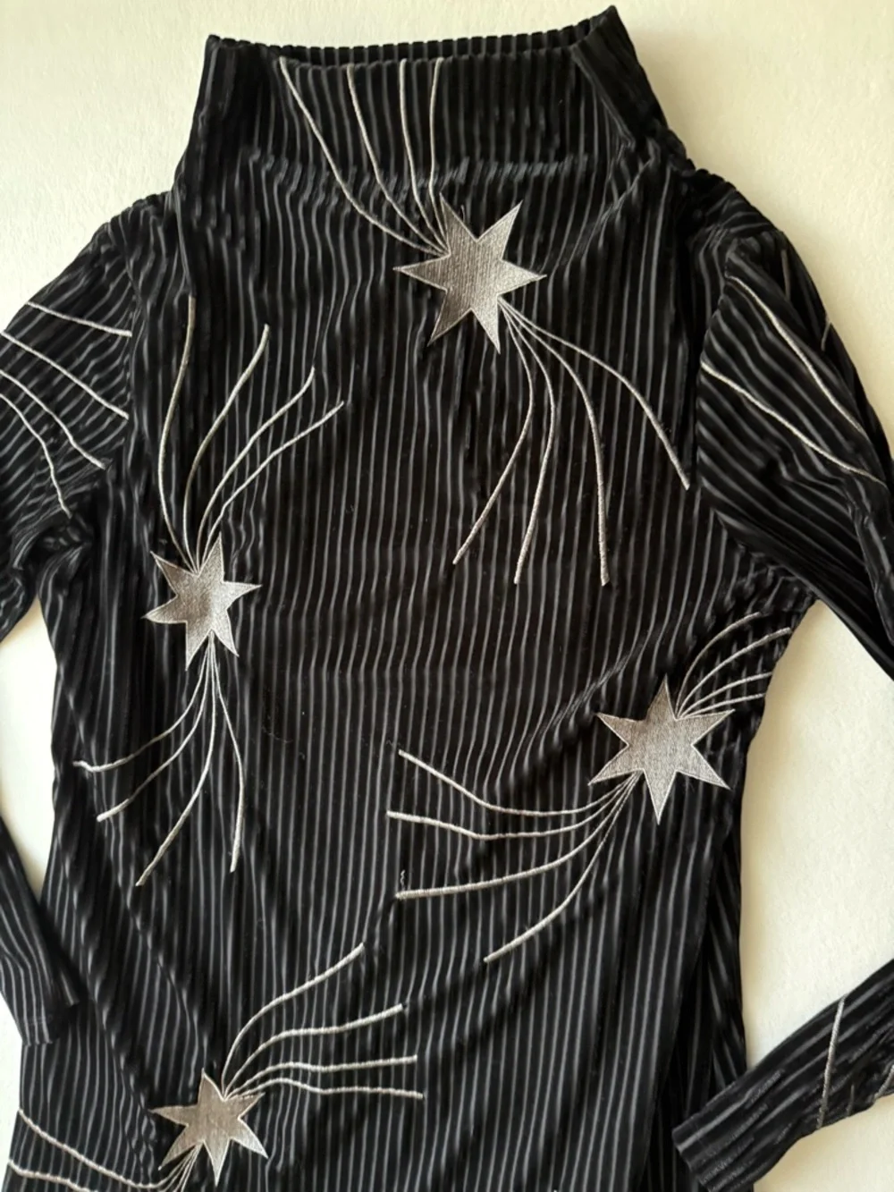 Judith March Black Velvet Long-Sleeve Top with Silver Starburst Embroidery
